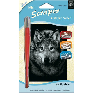 MAMMUT Mini Scraper Kratzbild Komplettset Silber glänzend Wolf 