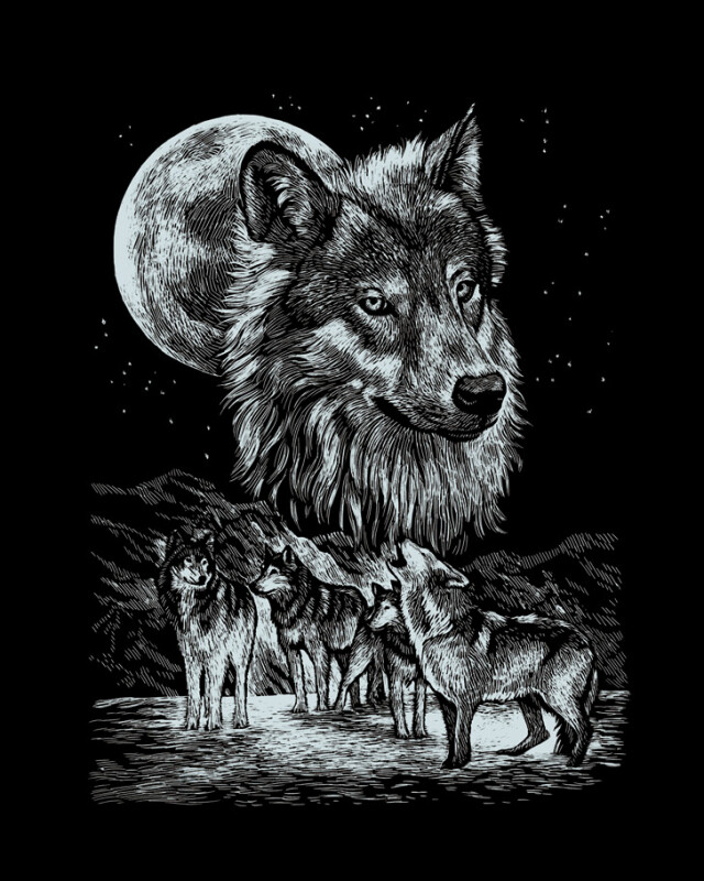 Engraving Art Heulende Wölfe Kratzbild 