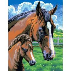 Schönes Malen nach Zahlen Bild - Pferd mit Fohlen, 24x33x2cm Malvorlage Gaul
