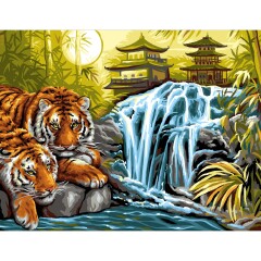 Traumhaftes Malen nach Zahlen Senior - Tiger am Fluss, 39,5x32x2cm Malvorlage Wasserfall