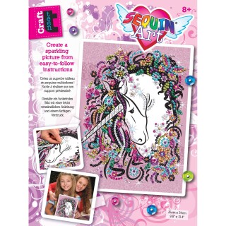Funkelndes Paillettenbild Einhorn, 28x37x4cm Paillettenbild Blumen